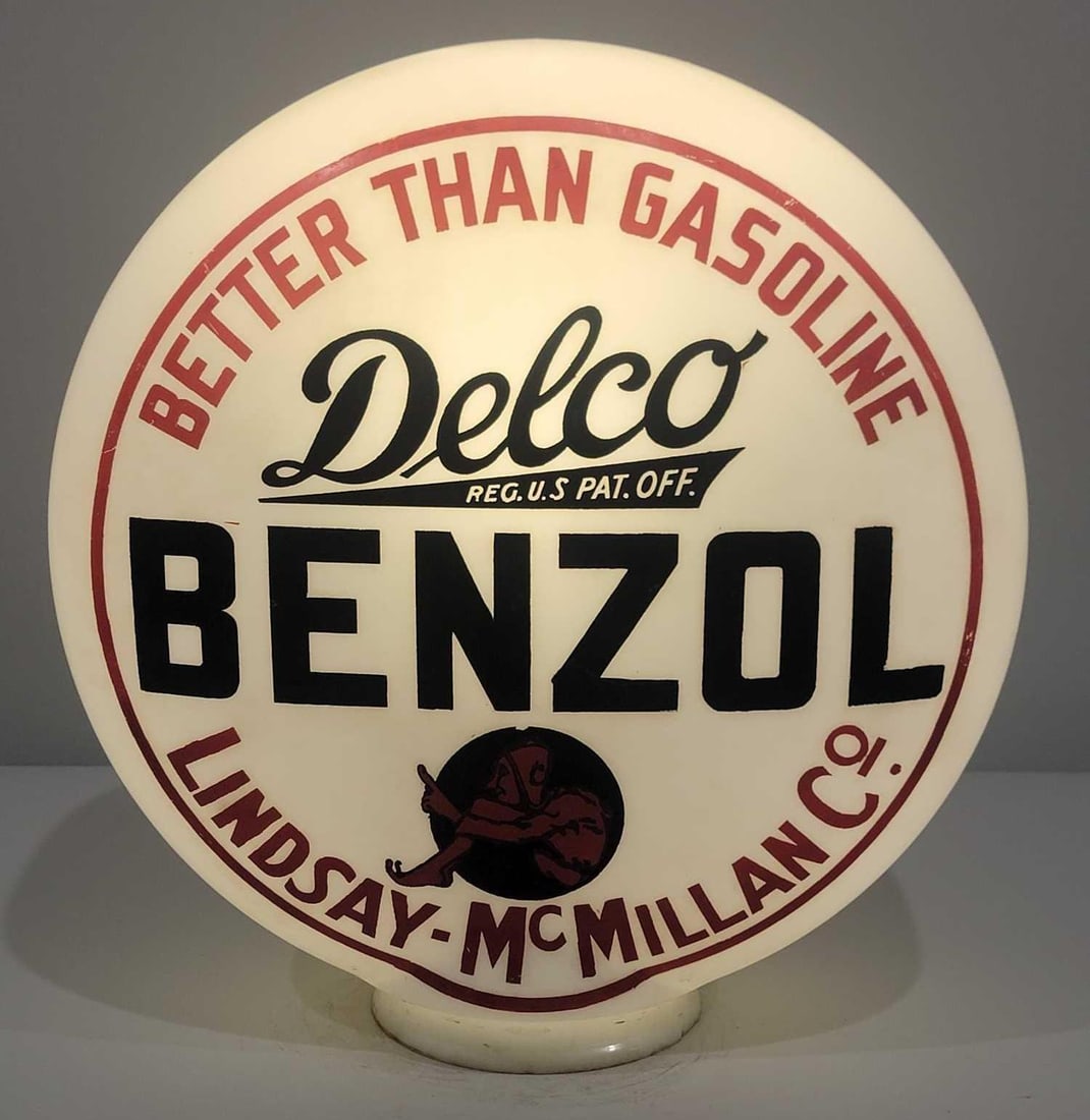 Delco Benzol "Better Than Gasoline" w/Logo OPB Milk Glass Globe (TAC) (1 of 2)