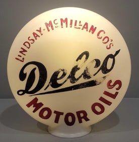 Delco Motor Oil Lindsay-McMillan OPE Milk Glass Globe (TAC)