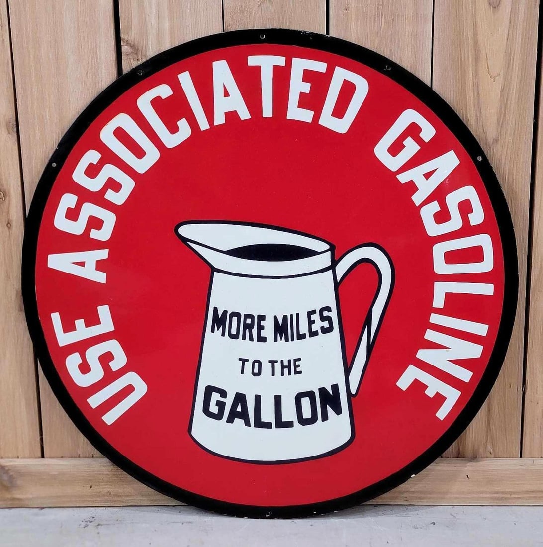 Use Associated Gasoline w/Image Porcelain Sign (Restored): 27.5"D, the DSP sign has been professionally restored on both sides.
