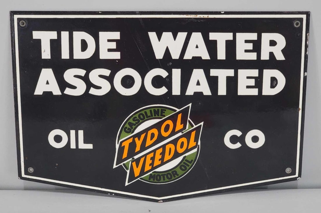 Tide Water Associated Oil Co. Porcelain Truck Sign (TAC): rated 9, 7.5"x11", the SSP diecut sign has excellent color and gloss. Sign has a clean field, with a few tiny chips around the perimeter. Rarity 6. TAC #061069