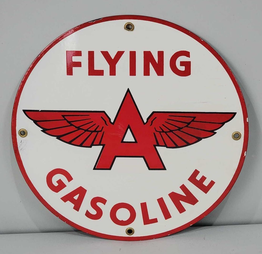 Flying A Gasoline w/Logo Porcelain Pump Sign (TAC): rated 9.25, 10"D., the SSP sign has excellent color and gloss. The field is clean, with a few tiny chips around the perimeter. Rarity 2. TAC #061070
