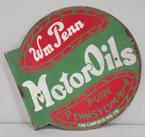 Wm Penn Motor Oils Canfield Oil Porcelain Flange Sign (TAC)