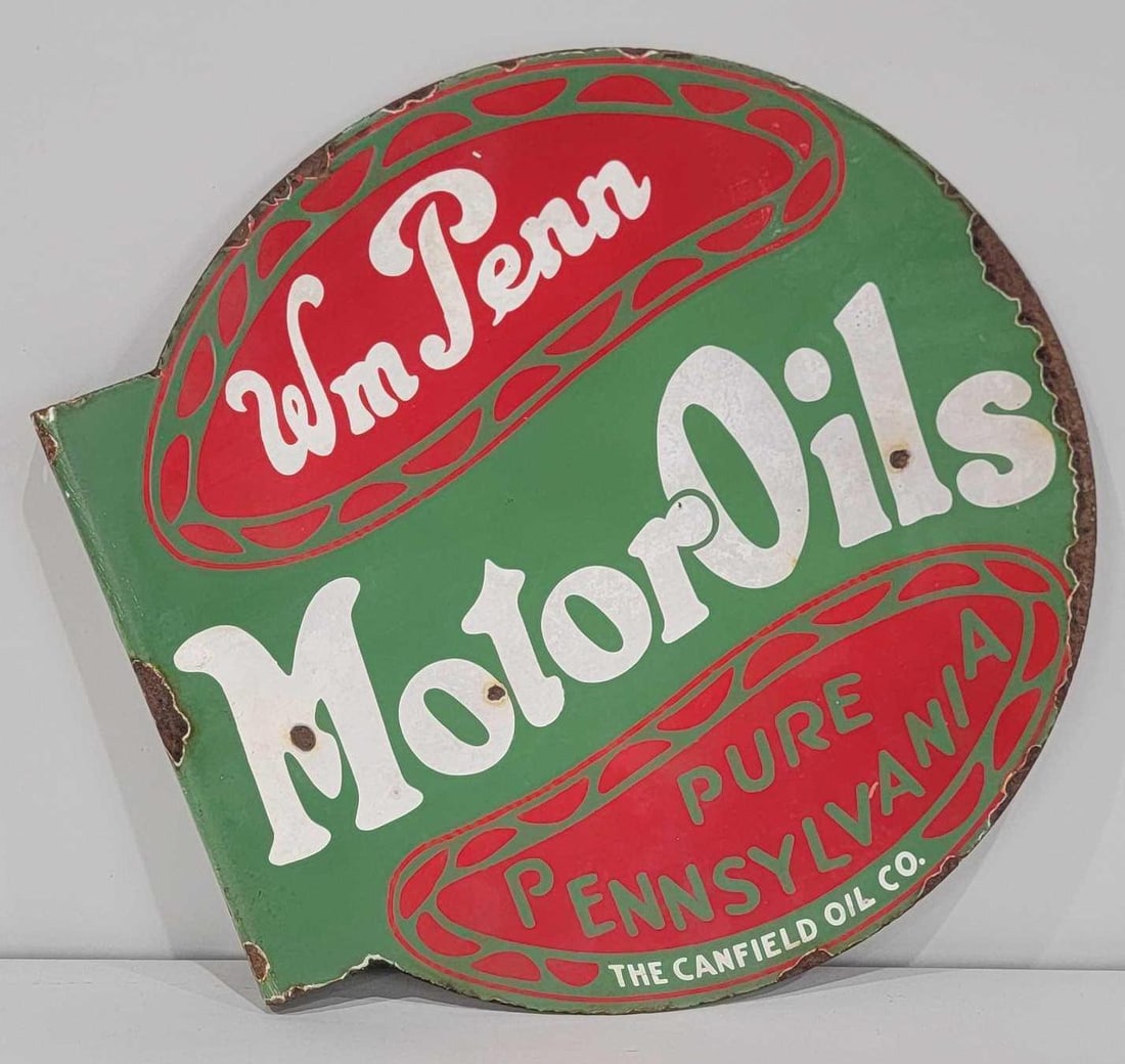 Wm Penn Motor Oils Canfield Oil Porcelain Flange Sign (TAC) (1 of 9)