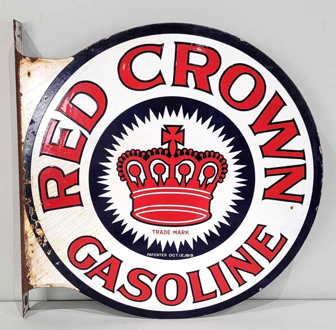 Red Crown Gasoline w/Logo Porcelain Flange Sign (TAC) (1 of 9)