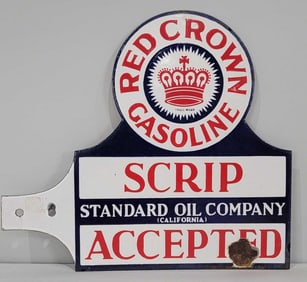 Red Crown Gasoline Scrip Accepted Porcelain Paddle Sign (TAC)