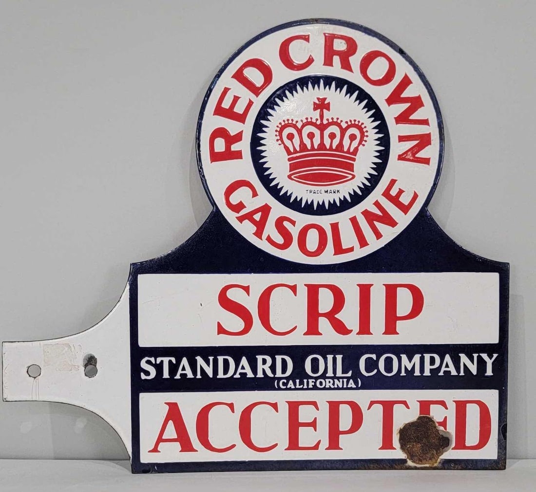 Red Crown Gasoline Scrip Accepted Porcelain Paddle Sign (TAC) (1 of 7)