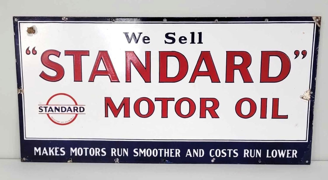 We Standard Motor Oil Porcelain Sign (TAC): rated 8.5"x17.75"x35.75", the SSP sign has very good color and gloss with light wear in the field. Sign has chips in the outer field around the perimeter. Rarity 6. TAC #061001