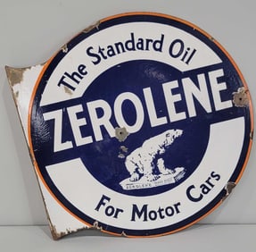 Zerolene The Standard Oil for Motor Cars w/Logo Porcelain Flange Sign (TAC)