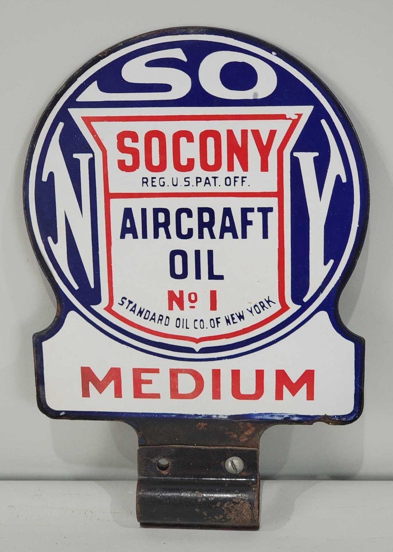 Socony Aircraft Oil No. 1 Medium Porcelain Paddle Sign (TAC): rated 9.25, 12"x8", the DSP paddle sign has excellent color and gloss, nice. Rarity 6. TAC #033825