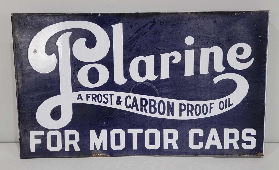 Polarine For Motor Cars Porcelain Flange Sign (TAC): rated 7, 14"x24", the porcelain flange sign has some gloss, the blue is milky, has a few small chips. Rarity 8. TAC #060956