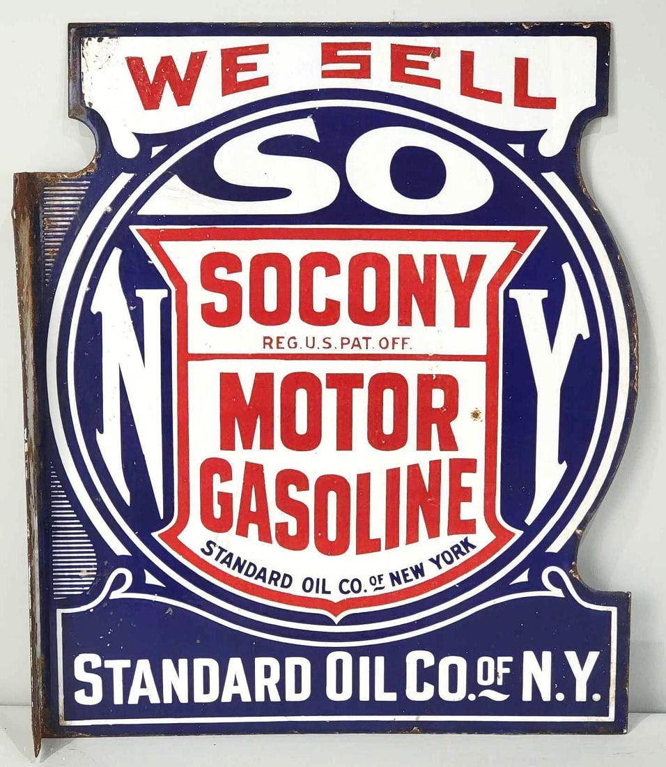We Sell Socony Motor Gasoline Porcelain Flange Sign (TAC): rated 8.5 & 8.25, 24"x20", the die-cut porcelain flange sign has good color and gloss. Display has a few tiny chips in the field, and larger chips on the flange. The reverse side has more