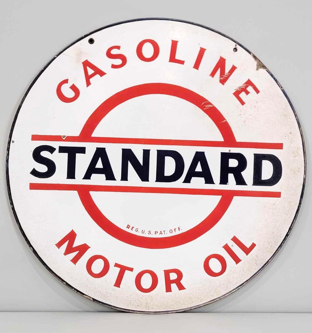 Standard in Bar & Circle Logo Gasoline Motor Oil Porcelain Sign (TAC): rated 8 & 7.5, 30"D., the DSP sign has good color and gloss. Display has chips and staining in the upper left-hand corner. The reverse side has heavy wear and fine scratches around the right-h
