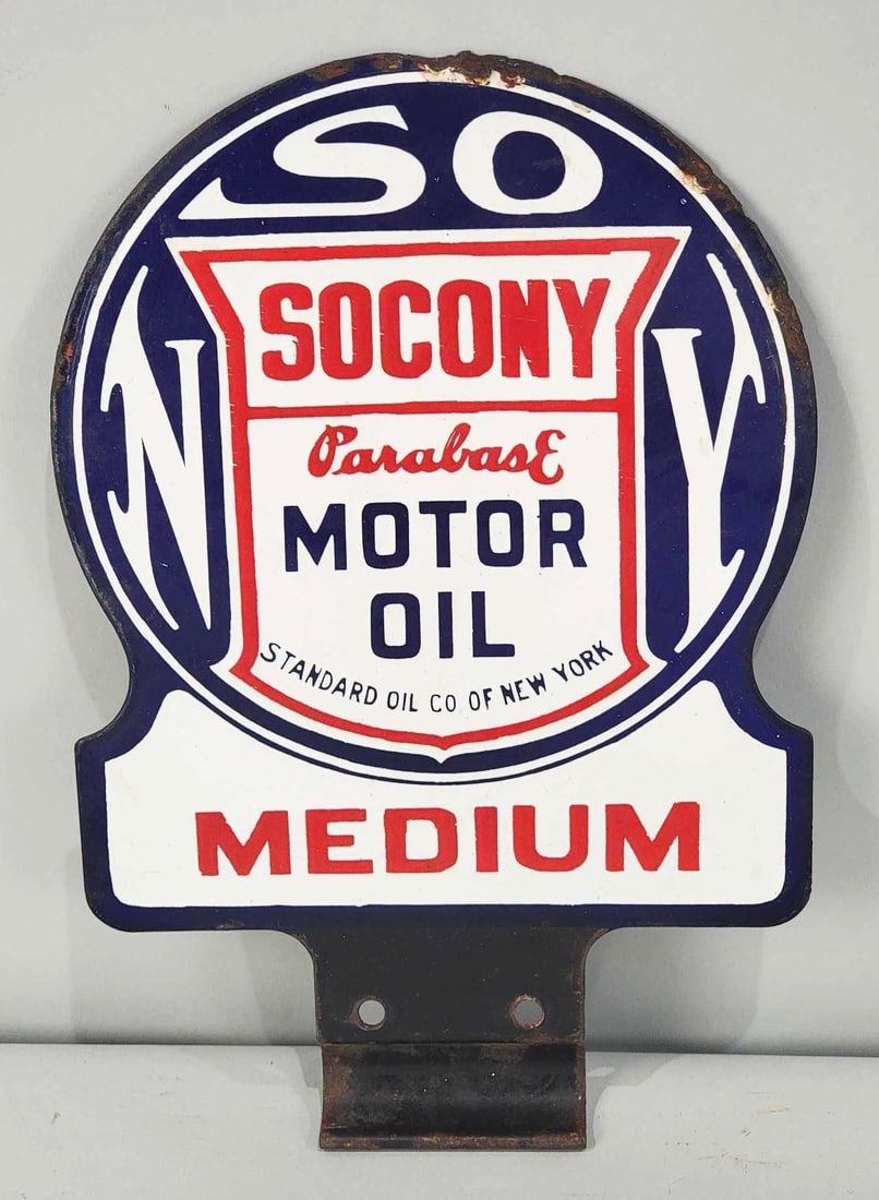Socony Parabase Motor Oil Medium Porcelain Paddle Sign (TAC): rated 9, 12"x8", the DSP paddle sign has excellent color and gloss, field is clean, has chips and minor metal loss at top point. Rarity 4. TAC #033826