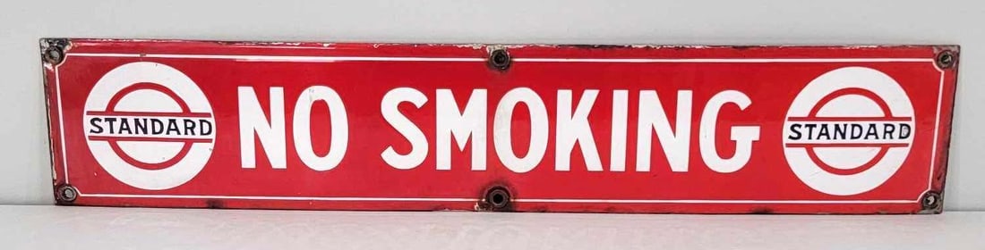 Standard in Bar & Circle No Smoking Porcelain Sign (TAC): rated 8.75, 4.5"x24", the SSP sign has very good color and gloss, field is clean, has tiny chips around wear around the perimeter. Rarity 4. TAC #060936
