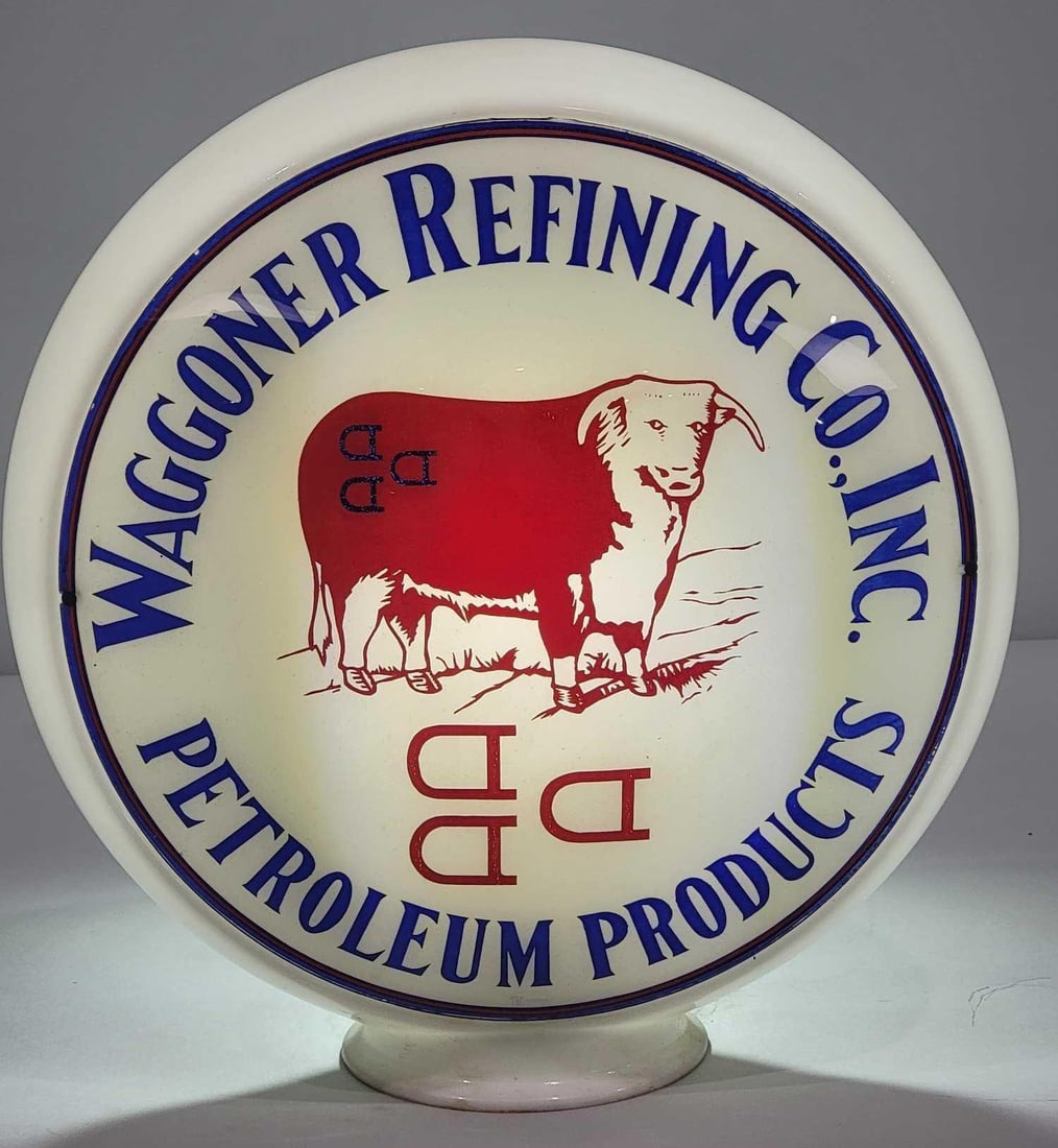 Waggoner Refining Co w/Steer Logo 13.5" Single Globe Lens (TAC): rated 9.5, 13.5"D., the single globe lens is in excellent condition and mounted on a wide glass globe body. TAC #02555