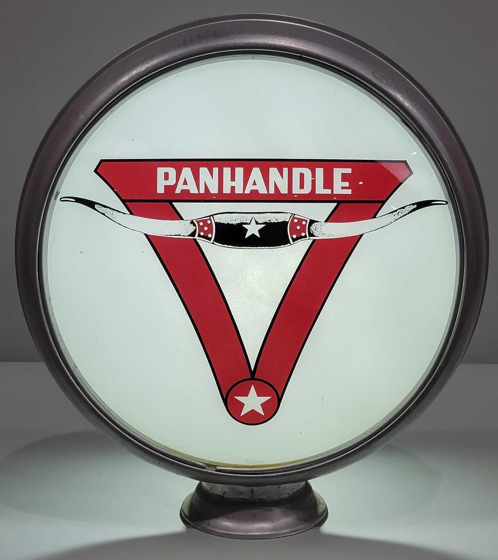 Panhandle (gasoline) w/Logo 15" Single Globe Lens (TAC): rated 9, 15"D., the single lens has good color. Field is clean with tiny edge paint chip at 10 o'clock and minor wear at bottom edge. Mounted on a repainted HP metal globe body. TAC #025547