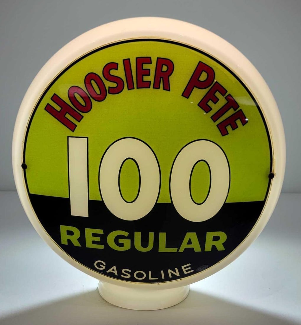 Hoosier Pete 100 Regular Gasoline 13.5" Single Globe Lens (TAC): rated 9.5, 13.5"D., the single globe lens is in excellent condition, mounted on a wide glass globe body. TAC #025587