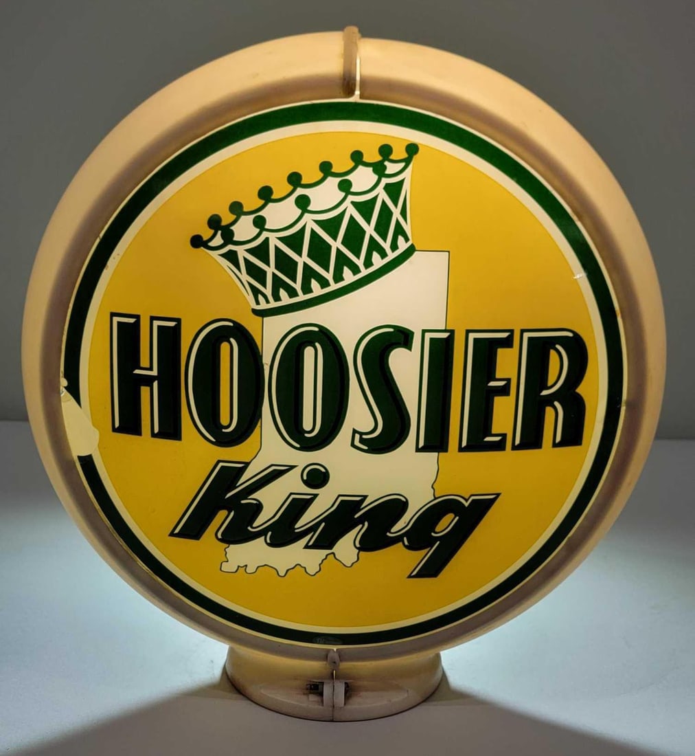 Hoosier King w/Logo 13.5" Globe Lenses (TAC): rated 8 & broken, 13.5"D., both lenses have good color, display has a large paint chip below the left-hand notch. Reverse lens is broken and taped, mounted in a original wide-body Capco that