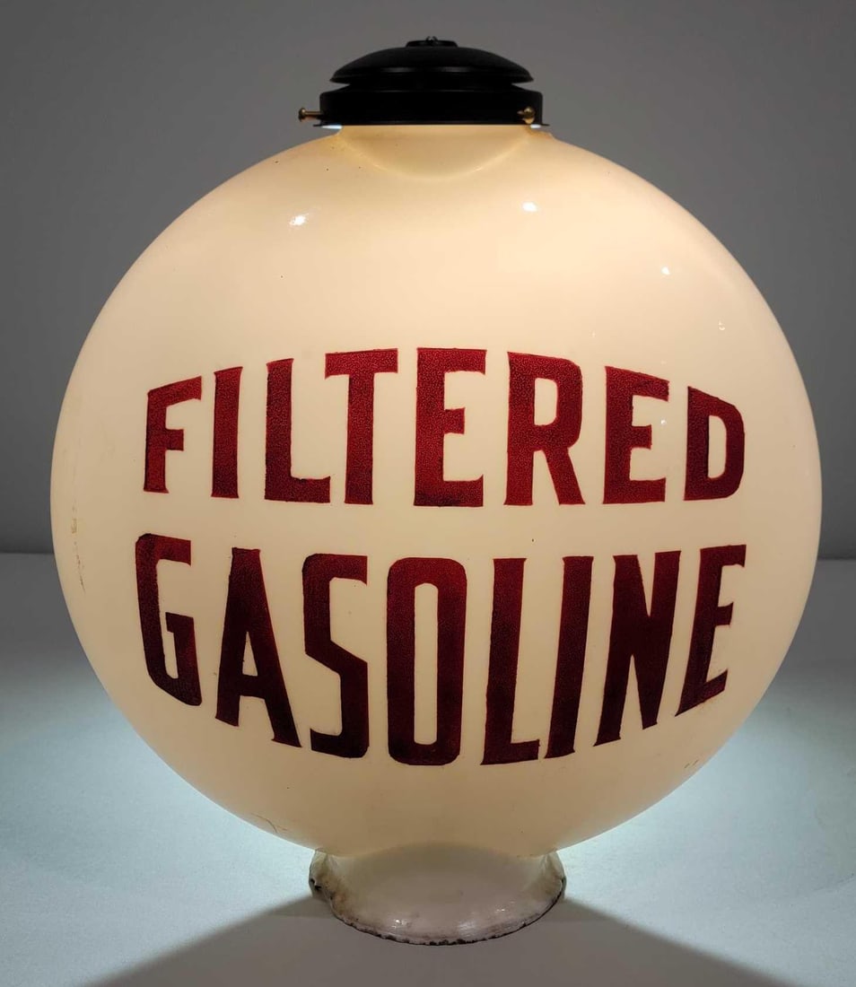Filtered Gasoline OPE Chimney Cap Milk Glass Globe (TAC): rated 8, 18"T., the OPE (one-piece etched) milk glass globe body with a new metal chimney cap. The display has been repainted, reverse is original with wear. Has large section missing at the chimn