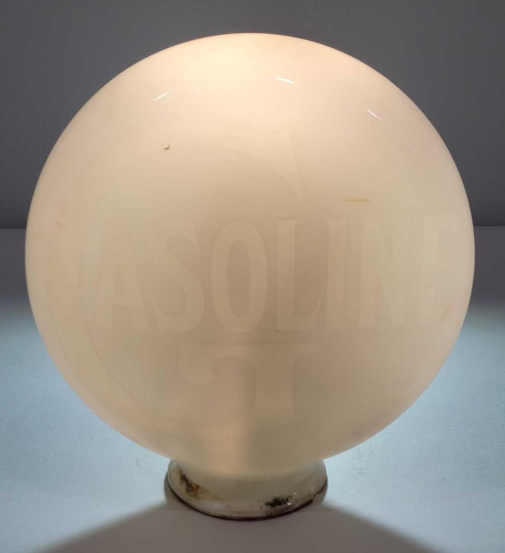Small Large "G" Gasoline OPE Milk Glass Globe w/4" base (TAC): rated 9, 10.5"T., the OPE (one-piece etched) milk glass globe with four inch base, no paint remaining. Base is good. TAC #025594
