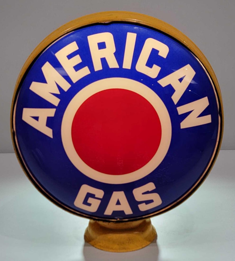 American Gas w/Red Dot 15" Globe Lenses (TAC): rated 9 & 8.75, 15"D., display lens is in very good condition, reverse has wear near the bottom, mounted in LP metal globe body. TAC #025652