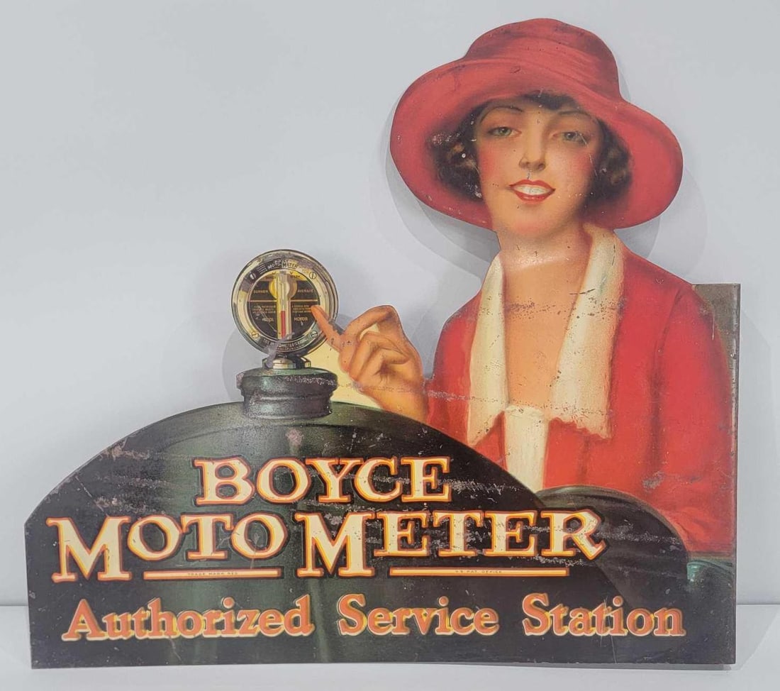 Boyce Moto Meter Authorized Service Station Metal Flange Sign (TAC): rated 7.25, 18.75"x21". This early and highly desirable die-cut metal flange sign has good color and shine with notable surface wear on both sides. Sign has fine scratches and rust spots, as w