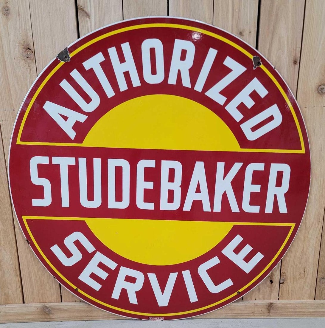 Studebaker Authorized Service Porcelain Sign (TAC): rated 9c & 8.9, 42"D., the DSP sign has excellent color and gloss, display has a tiny chip, reverse it's a little larger, marked Walker & Co. Rarity 7. TAC #061036