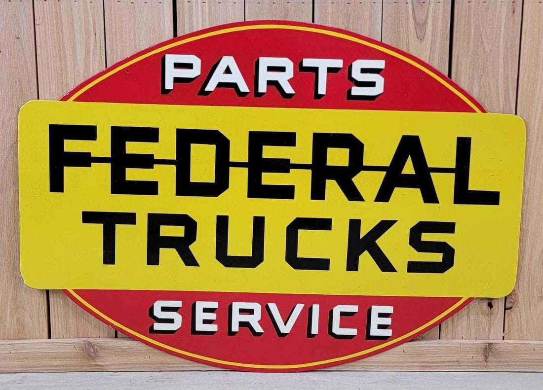 Federal Trucks Parts Service Porcelain Sign (Restored): 30"x42", the DSP diecut sign has been professionally restored on both sides.