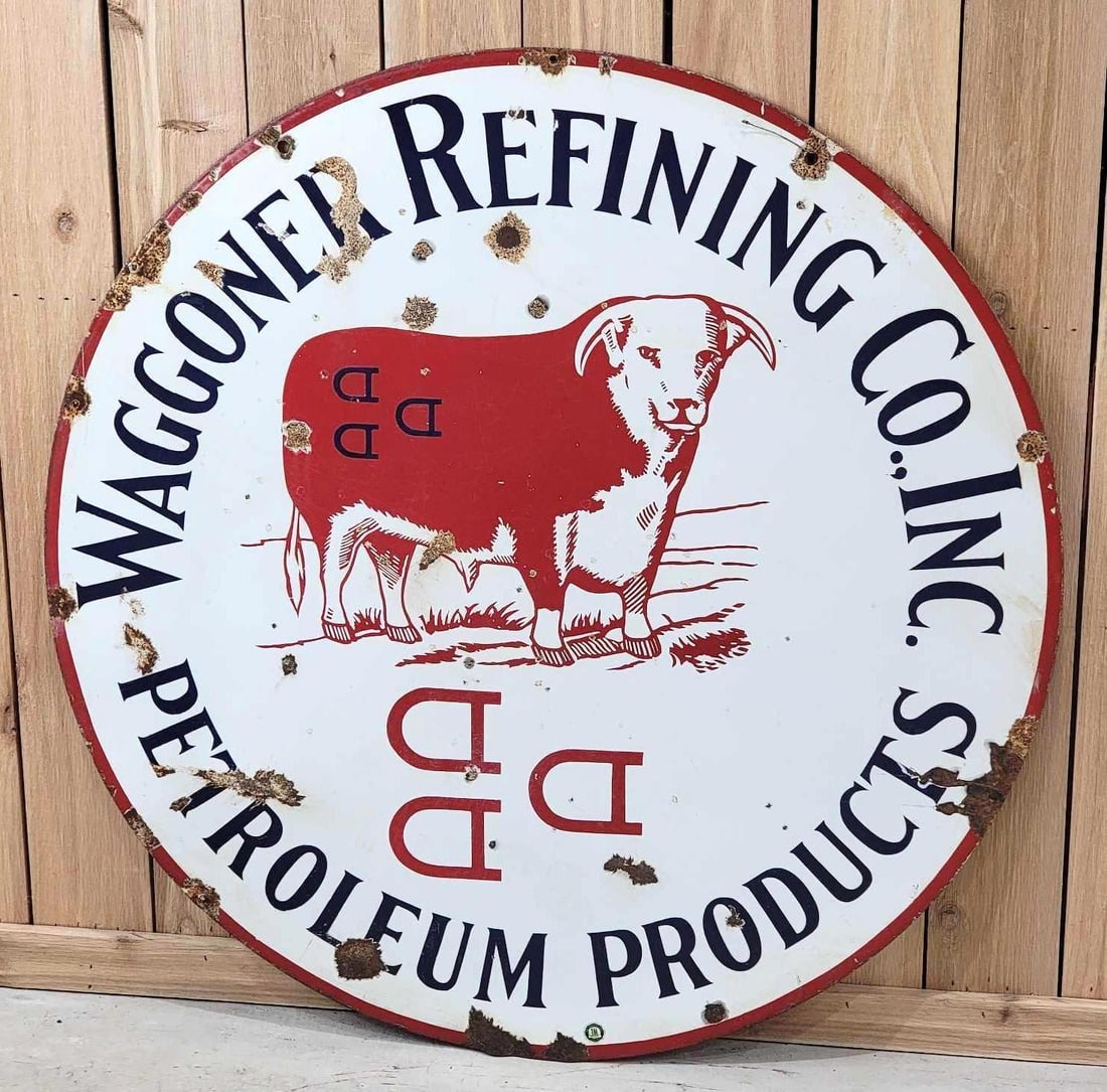 Waggoner Refining Co. Petroleum Products w/Logo Porcelain Sign (TAC): rated 7.5, 42"D., the DSP sign has good color and gloss, has chips and wear in the field. Also around the perimeter. Rarity 8. TAC #061177