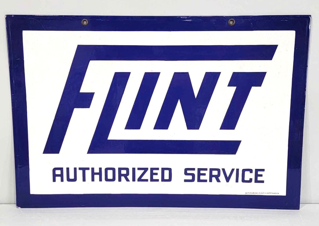 Flint (automobile) Authorized Service Porcelain Sign (TAC)(restored): rated restored & 5, 20"x30", the DSP sign display has been professionally restored, reverse has damage, see photos, marked Baltimore Enamal. Rarity 9. TAC #060958