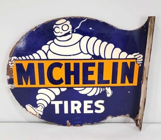 Michelin w/Bibendum Smoking Porcelain Flange Sign (TAC)