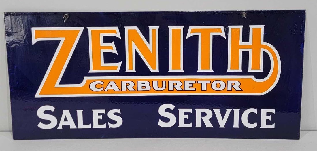 Zenith Carburetor Sales Service Porcelain Sign (TAC): rated 9.25, 13"x29", the DSP sign has excellent color and gloss, has light wear, a few small chips around the perimeter. Rarity 9. TAC #060954