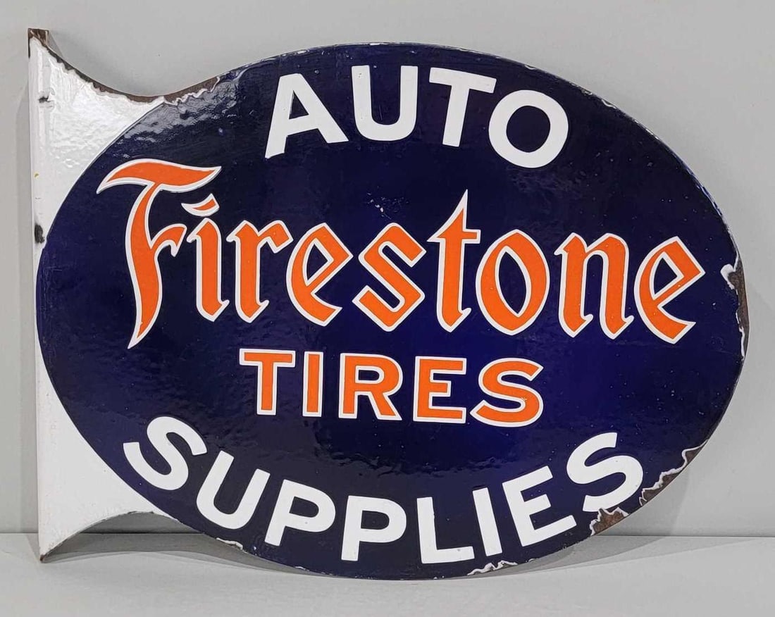 Firestone Tires Auto Supplies Porcelain Flange Sign (TAC): rated 8.75, 16"x21", the die-cut porcelain flange sign has excellent color and gloss, has light wear in the fields, has chips around the perimeter. Rarity 6. TAC #060963