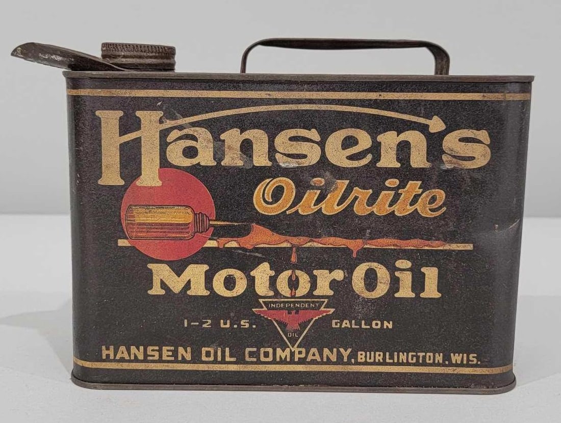 Hansens Oilrite Motor Oil w/Independent Logo Half-Gallon Flat Metal Can (1 of 5)