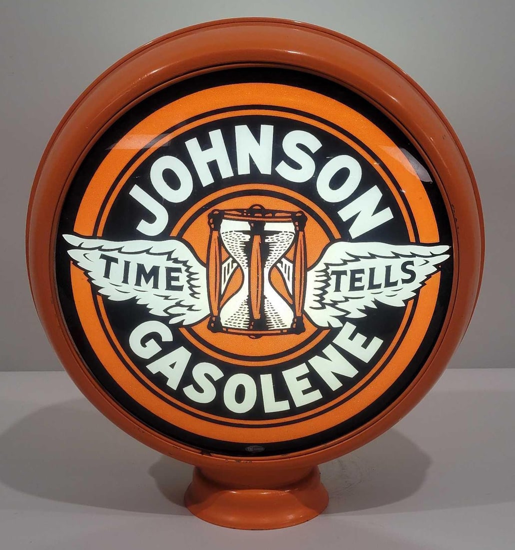 Johnson Gasolene w/Time Tells Logo 15" Single Globe Lens (TAC): rated 9.5, 15"D., the single globe lens is in excellent condition, is mounted in a original repainted HP metal globe body. TAC #025525