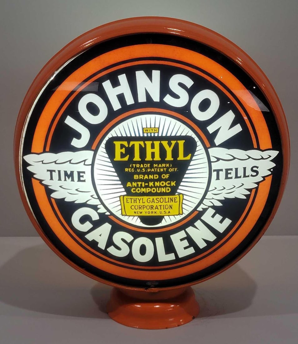 Johnson Gasolene w/Ethyl & Time Tells Logos 15" Single Globe Lens (TAC) (1 of 2)