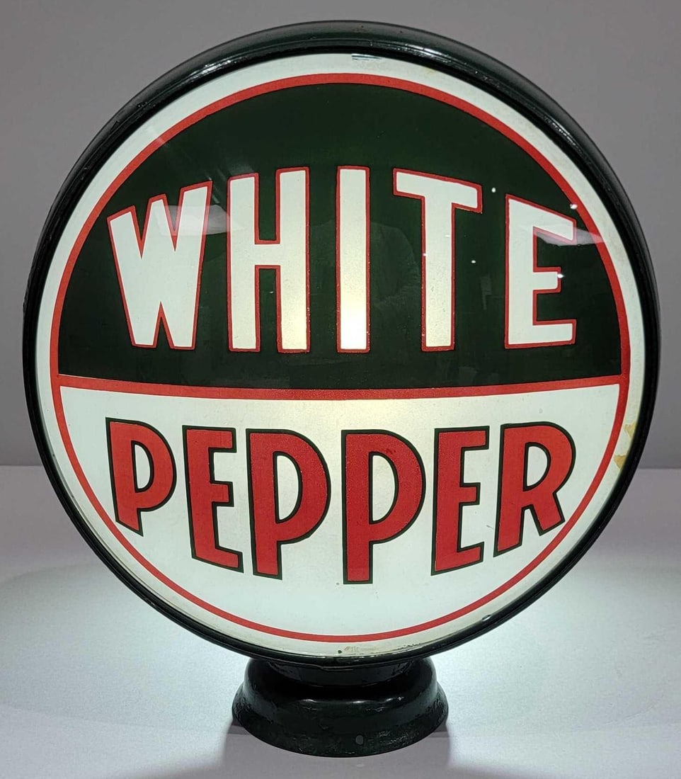 White Pepper (gasoline) 15" Single Globe Lens (TAC): rated 9, 15"D., the single globe lens has excellent color, has a few tiny paint edge chips, mounted in a repainted LP metal globe body. TAC #025582