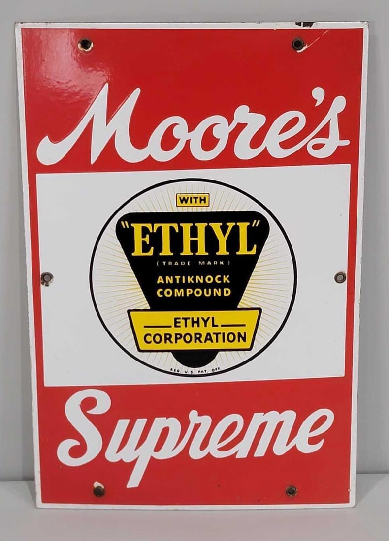 Moore's Supreme w/Ethyl Logo Porcelain Pump Sign (TAC): rated 9, 15"x10", the SSP sign has excellent color and gloss, field is clean, has small chips at the mounting holes. Rarity 8. TAC #060876
