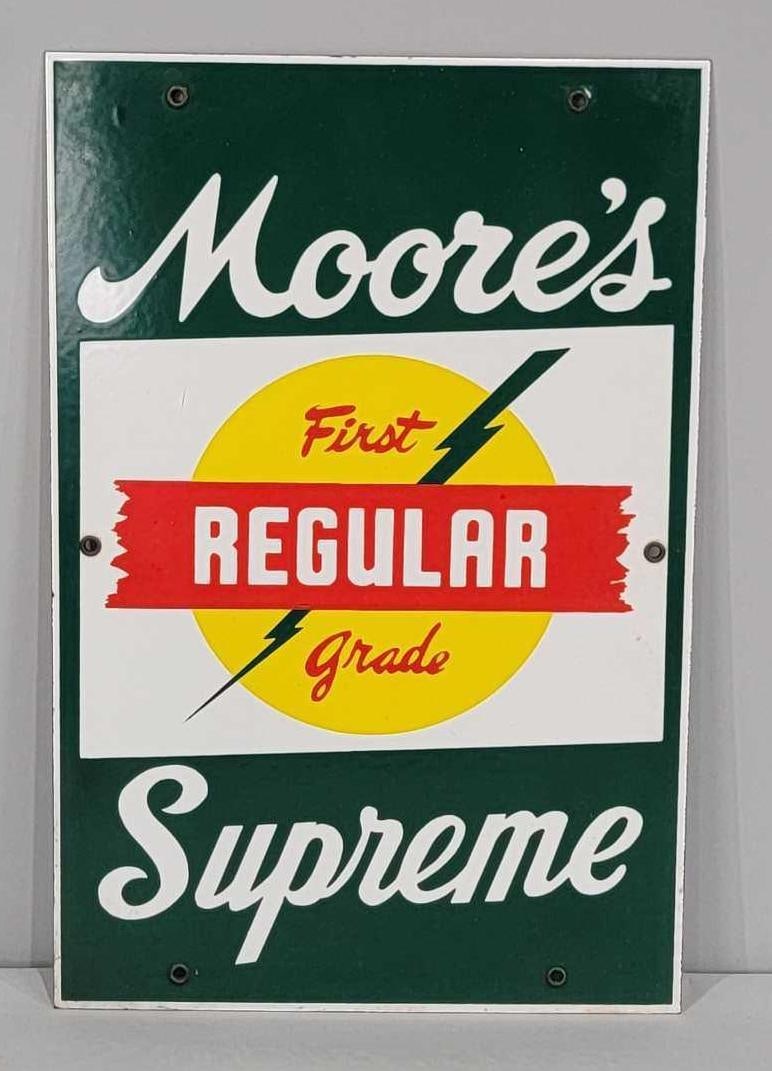 Moore's Regular Supreme (gasoline) Porcelain Pump Sign (TAC): rated 9.5, 15"x10", the SSP sign has excellent color and gloss, nice. Rarity 8. TAC #060875