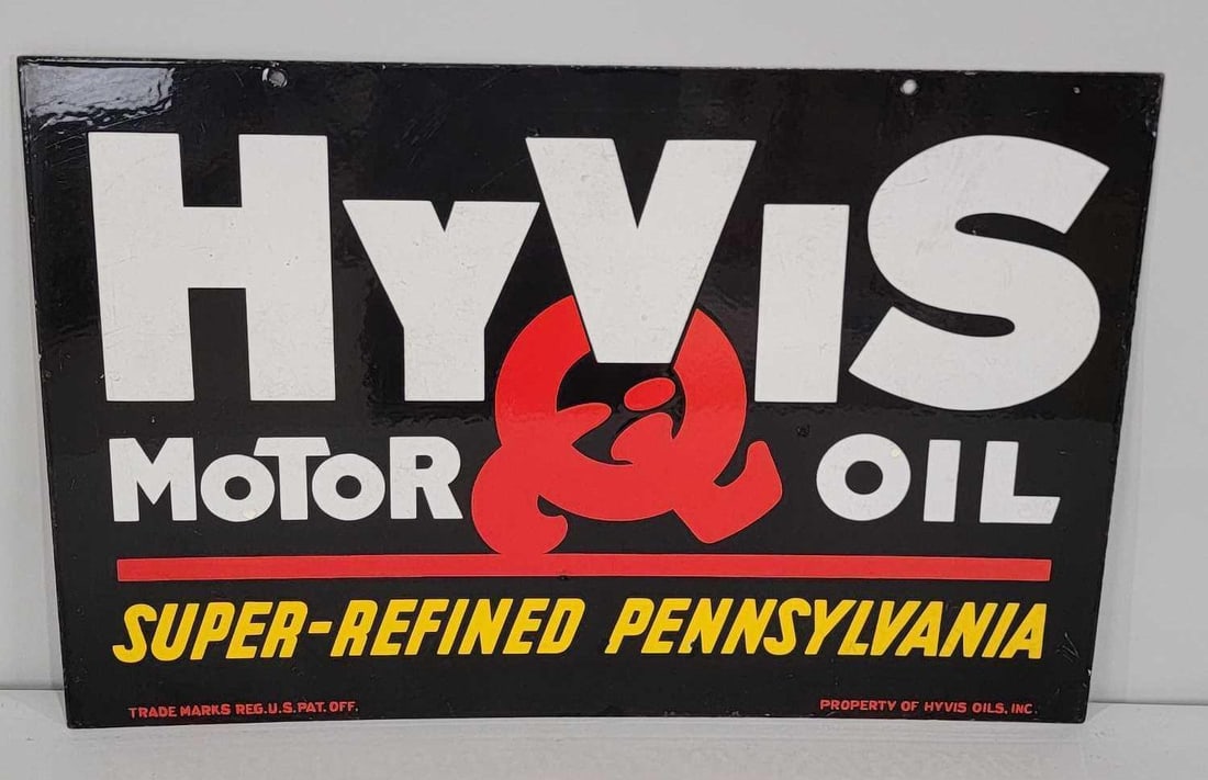 HyVis Motor Oil w/Logo Porcelain Sign (TAC): rated 8.9, 16.75"x25.75", the DSP sign has excellent color and gloss, has two small touched up chips in the field. Rarity 5. TAC #060949