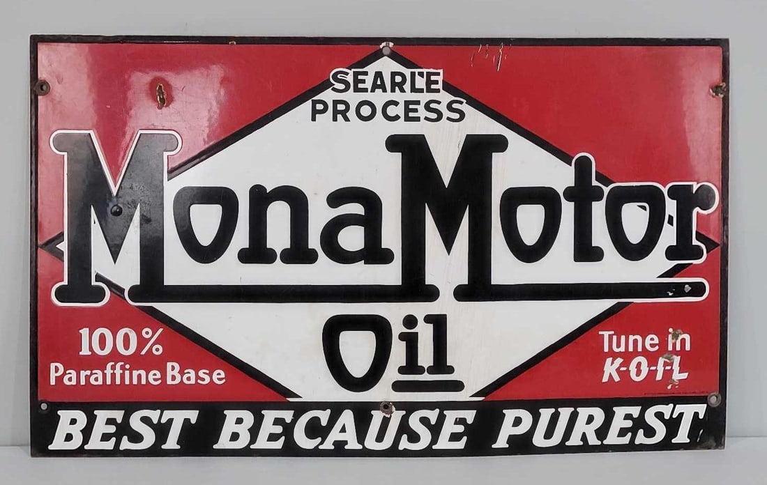Mona Motor Il "Best Because Purest" Porcelain Sign (TAC): rated 7.5, 24"x40", the SSP sign good color and gloss, has stress lines, staining in the field, chips in the outer fields and around the perimeter, marked Burdick. Rarity 5. TAC #060947
