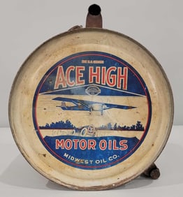 Ace High Motor Oil Midwest Oil Co. w/Plane & Car Five Gallon Rocker Can