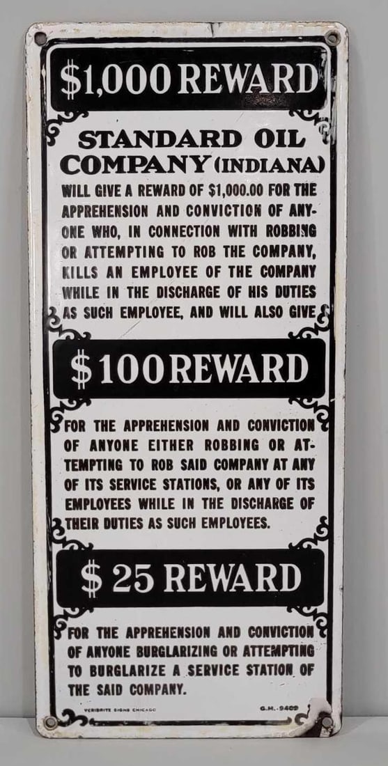 Standard Oil of Indiana "$1000 Reward" Porcelain Sign (TAC): rated 9, 12"x5.25", the SSP vertical sign has good color and gloss, has light soiling, marked Veribrite. Rarity 5. TAC #060916