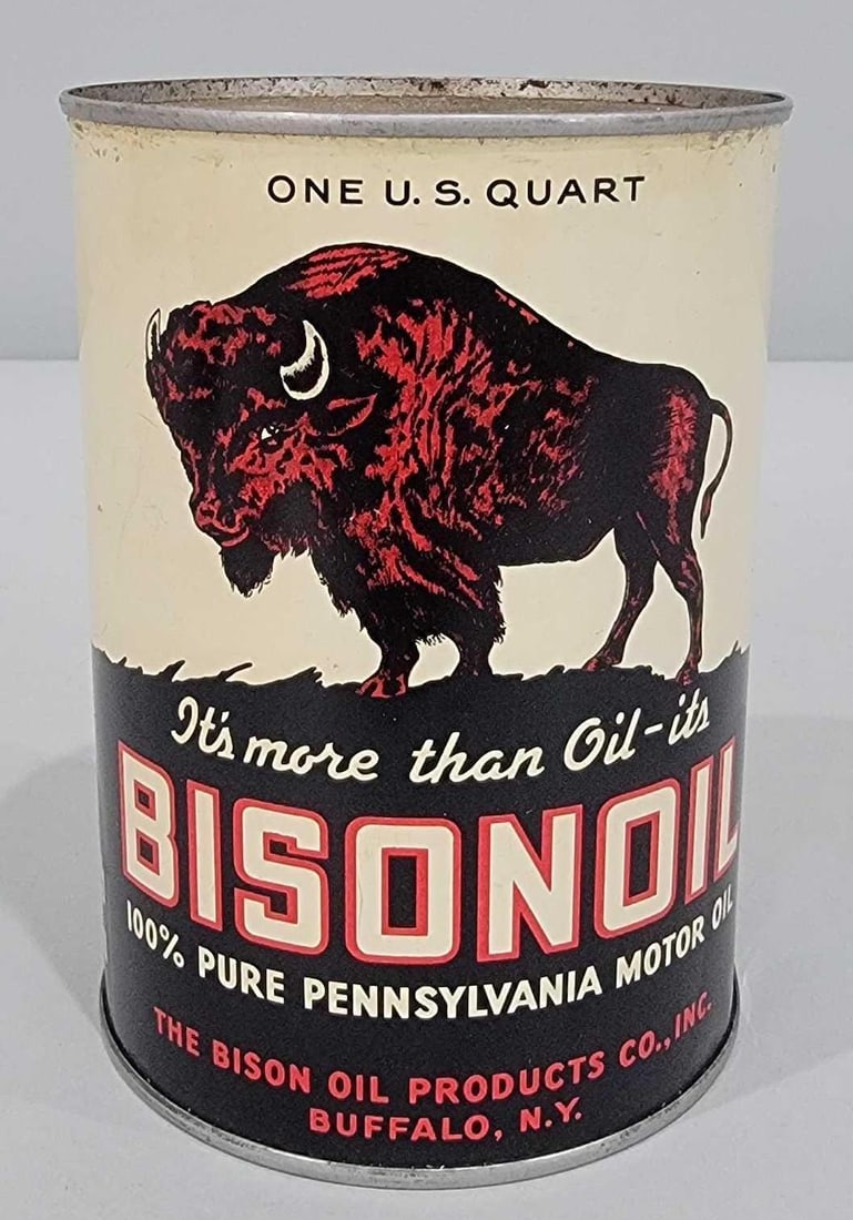 Bisonoil w/Buffalo Logo One-Quart Round Metal Can: rated 9, the one-quart round metal can, crimped seam, has good color and shine, has light wear, is empty, opened on bottom. Rarity 6. TAC #060750