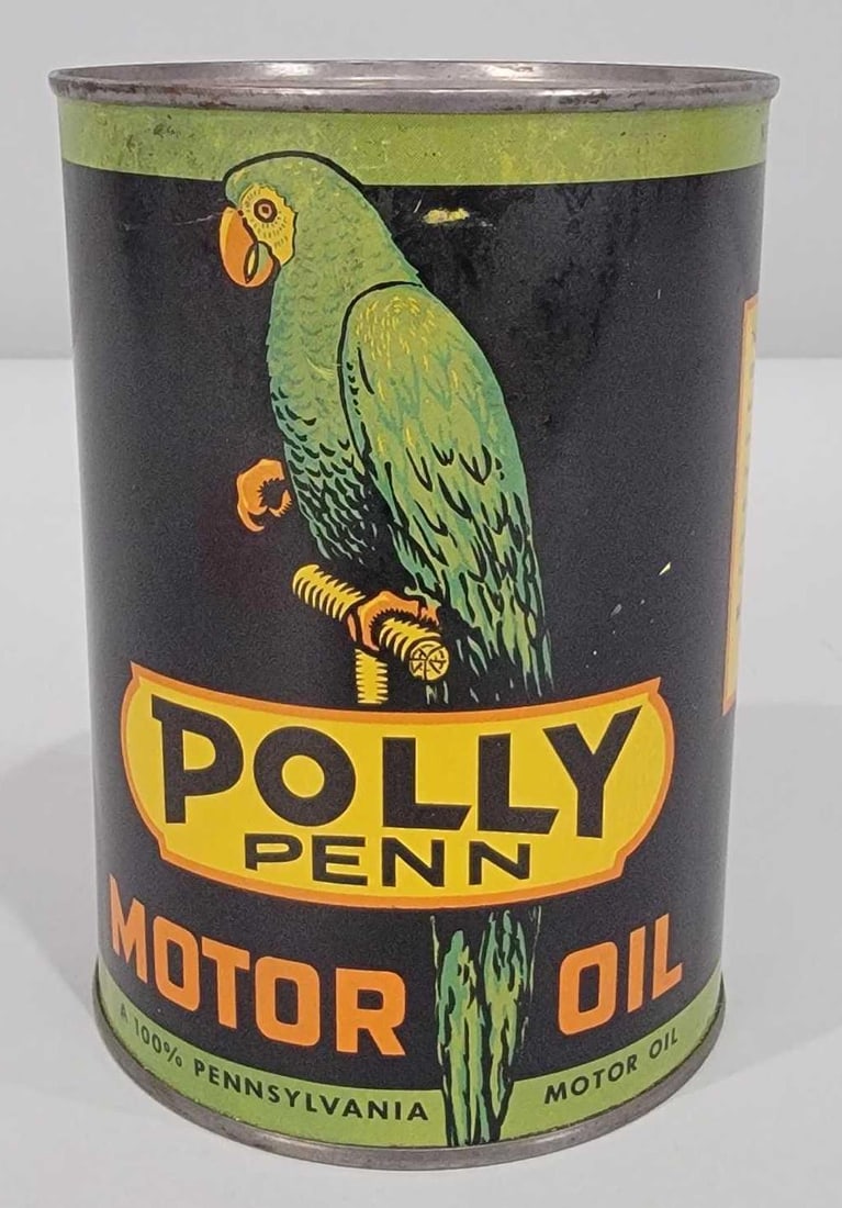 Polly Penn Motor Oil w/Logo One-Quart Round Metal Can: rated 8.9 & 8.5, the one-quart round metal can soldered seam, has good color and shine, has light wear, reverse has a little more, is empty, opened on top. Rarity 5. TAC #060747