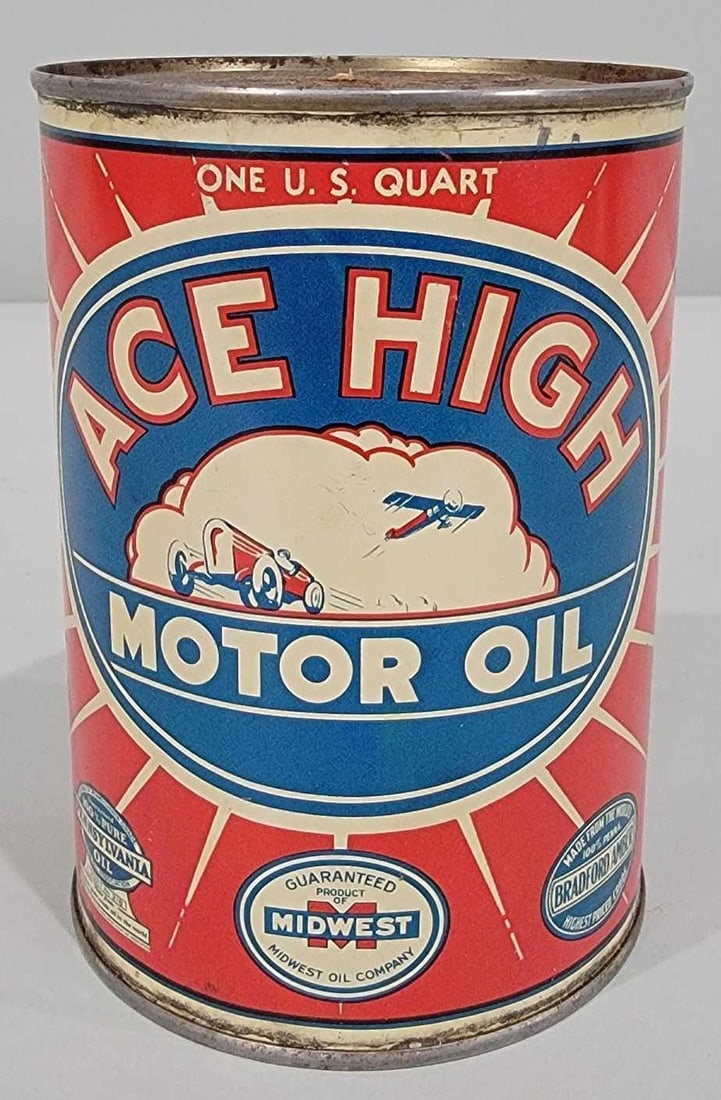Ace High Motor Oil w/Logo One-Quart Round Metal Can (1 of 5)