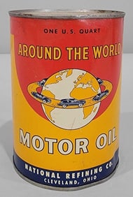 Rare Around the World Motor Oil w/Logo One Quart Round Metal Can