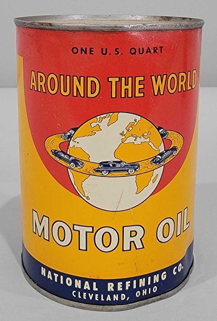 Rare Around the World Motor Oil w/Logo One Quart Round Metal Can: rated 8.75 & 7.5, the one-quart round metal can has crimped seam, has good color and some shine, display has light wear, minor mark, and ding at the top edge, reverse large area of paint loss, is