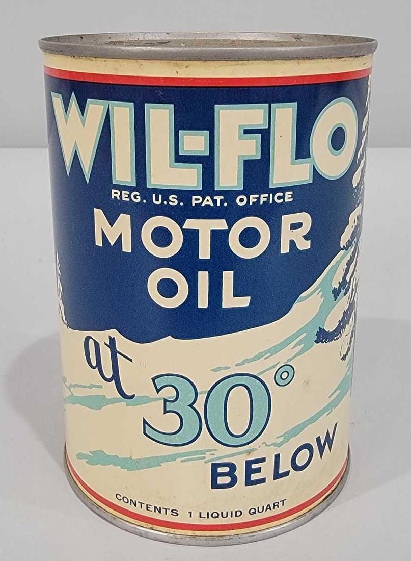 Wil-Fo Motor Oil w/Car in Winter Scene One-Quart Round Metal Can (TAC): rated 9.5, the one-quart round metal can has soldered seam, has excellent color and shine, nice, is full. Rarity 7. TAC #060761