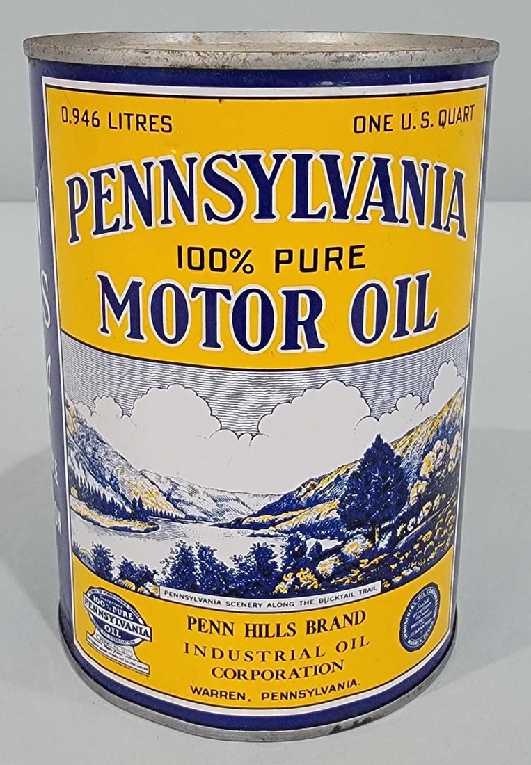 Pennsylvania Motor Oil w/Image One-Quart Round Metal Can: rated 9, the one-quart round metal can with crimped seam, has excellent color and shine, is full, has dent in the back. Rarity 5. TAC #060754